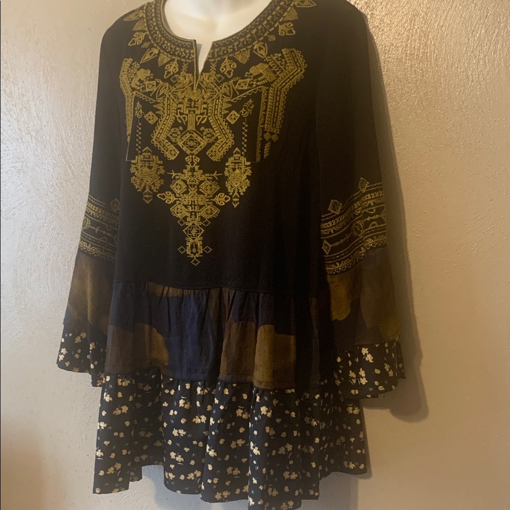 Calessa S Black Gold Navy Brown Embroidered Ruffled Multi-pattern Tunic - Picture 3 of 8